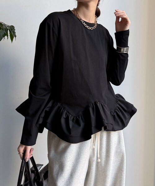 DouDou（ドゥドゥ） tシャツ 裾異素材切替フリルカットソー レディース