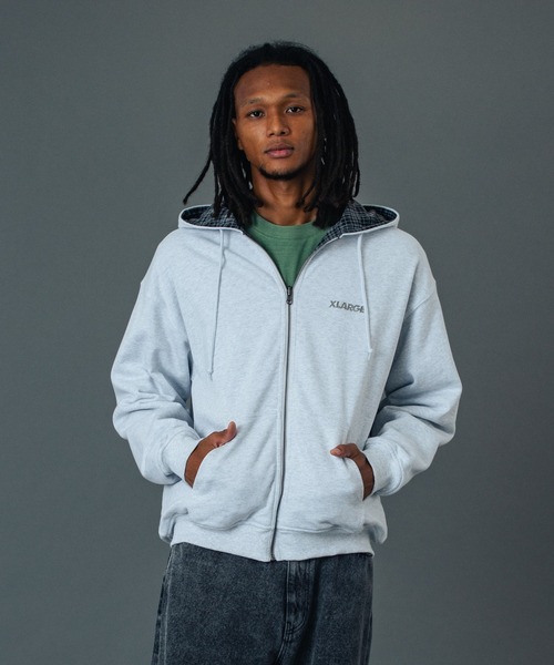 XLARGE グレー フルジップパーカー Lサイズ ワンポイントロゴ XLARGE（エクストラ ラージ） パーカー REVERSIBLE ZIP UP HOODED