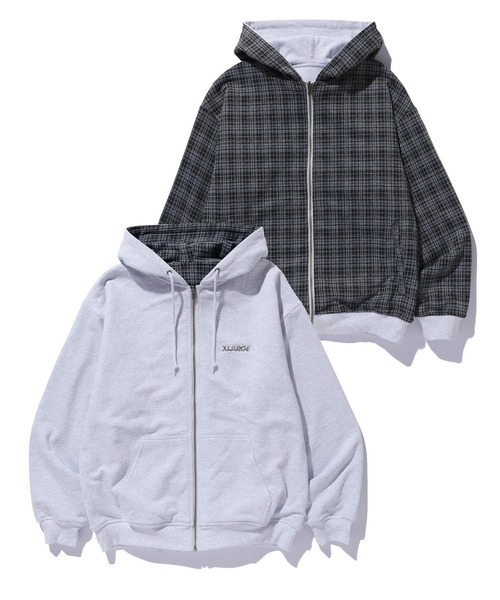 XLARGE グレー フルジップパーカー Lサイズ ワンポイントロゴ XLARGE（エクストラ ラージ） パーカー REVERSIBLE ZIP UP HOODED