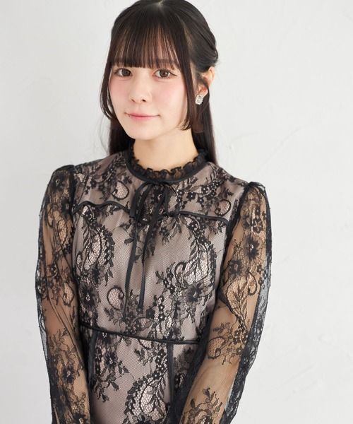 Suyunn ワンピース リボン付きフラワーラインレースワンピース