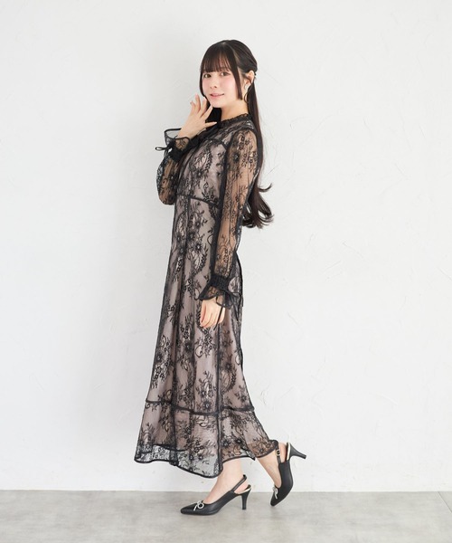 Suyunn ワンピース リボン付きフラワーラインレースワンピース