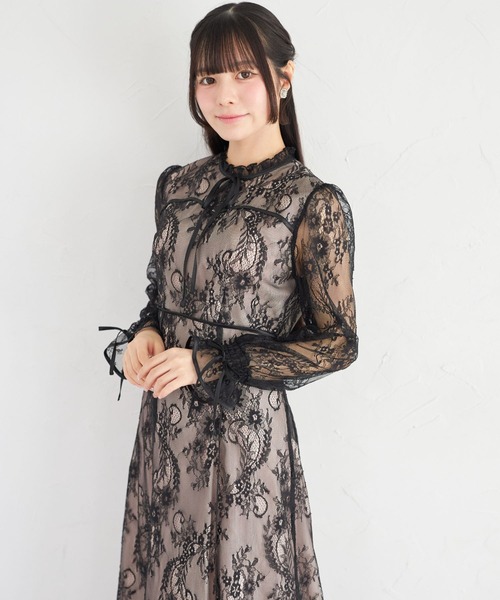 Suyunn ワンピース リボン付きフラワーラインレースワンピース