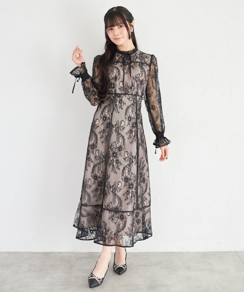 Suyunn ワンピース リボン付きフラワーラインレースワンピース