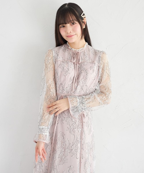 Suyunn ワンピース リボン付きフラワーラインレースワンピース