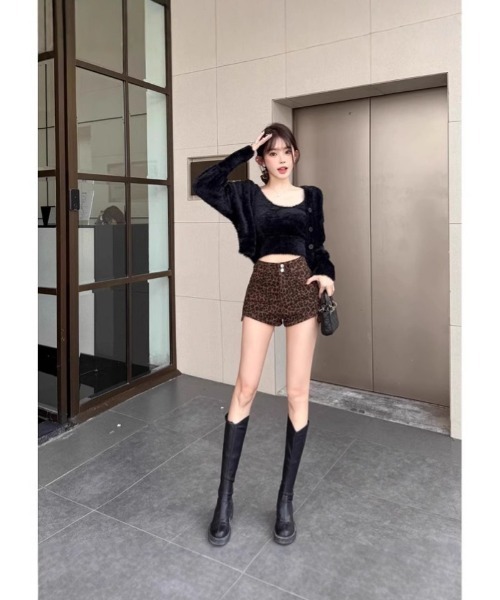 パンツ ハイウエストデザイン レオパード柄ショーツ レディース