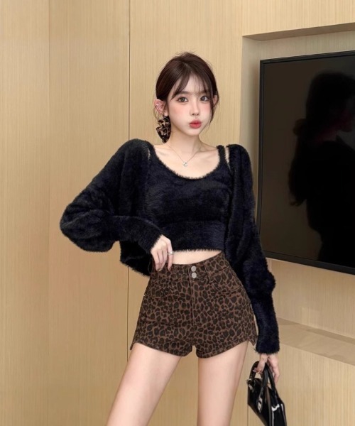 パンツ ハイウエストデザイン レオパード柄ショーツ レディース