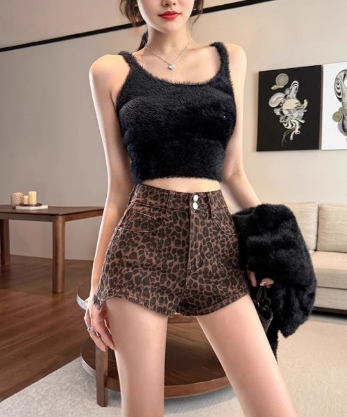 パンツ ハイウエストデザイン レオパード柄ショーツ レディース