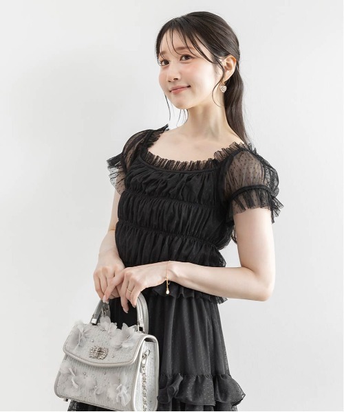 RANDA（ランダ） ワンピース 半袖 ドットチュールフリルワンピース