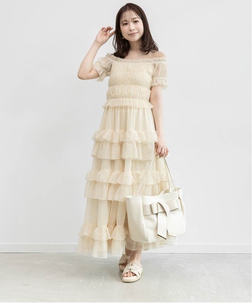 RANDA（ランダ） ワンピース 半袖 ドットチュールフリルワンピース 