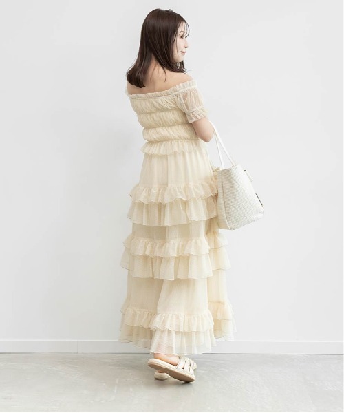 【えつさま専用】RANDA フリル付きベージュマキシドレス RANDA（ランダ） ワンピース 半袖 ドットチュールフリルワンピース