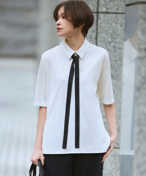 tシャツ 「WEB限定カラーあり」マラボーテライトジョーゼット 半袖ボウタイ付きシャツカラートップス レディースの画像