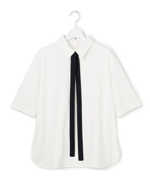 tシャツ 「WEB限定カラーあり」マラボーテライトジョーゼット 半袖ボウタイ付きシャツカラートップス レディースの画像