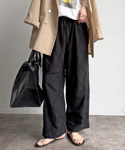 ワイドパンツ パンツ 「WEB限定」パッチワーク風レースイージーパンツ レディースの画像