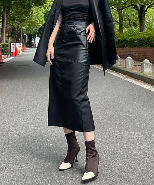 3色 環境に優しいレザー Aラインハーフレングス レザースカート SEN TOKYO スカート レザー美シルエット。異素材切り替え