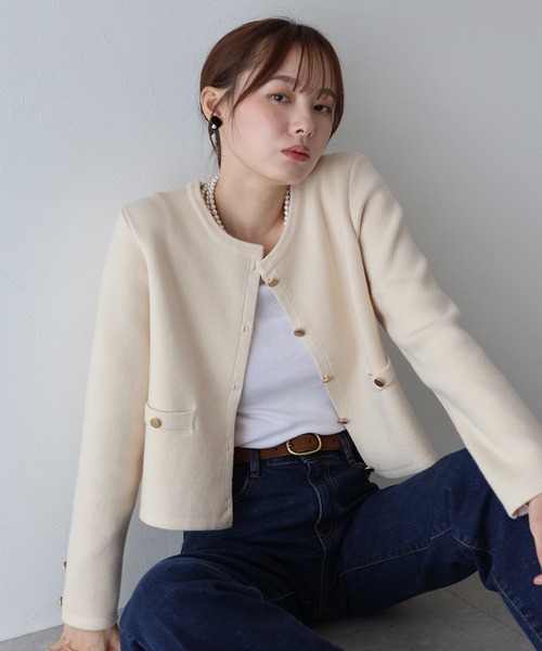 BLUEEAST カーディガン 金ボタンノーカラーニットジャケット