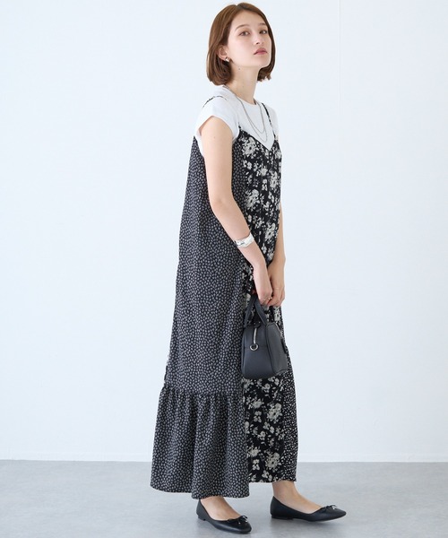 セール！【関税込】セザンヌ 可愛 パッチワーク 花柄 ワンピース パッチワーク風柄合わせのふんわり袖ロングワンピース