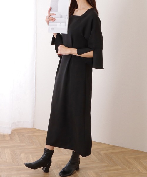 ハチヤーズ モックネック スリーブレス ワンピース ブラック Lサイズ Lace Ladies ワンピース スクエアネック フレアスリーブ ロング