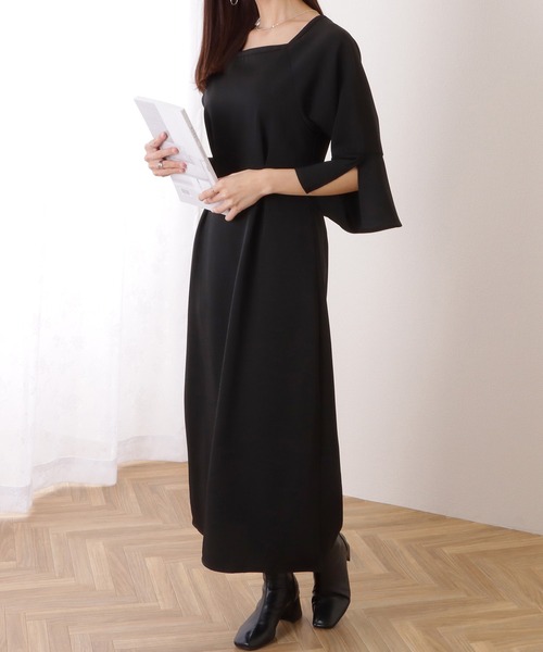 Lace Ladies ワンピース スクエアネック フレアスリーブ ロング