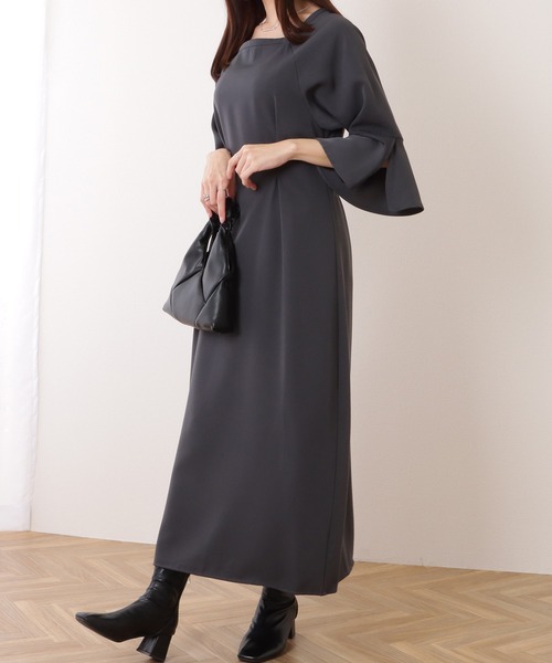 Lace Ladies ワンピース スクエアネック フレアスリーブ ロング