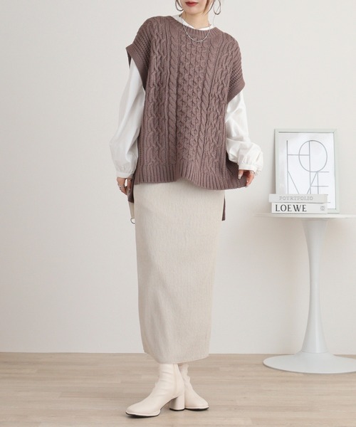 myke ベスト ジレ ケーブル柄編みクルーネックニットベスト レディース