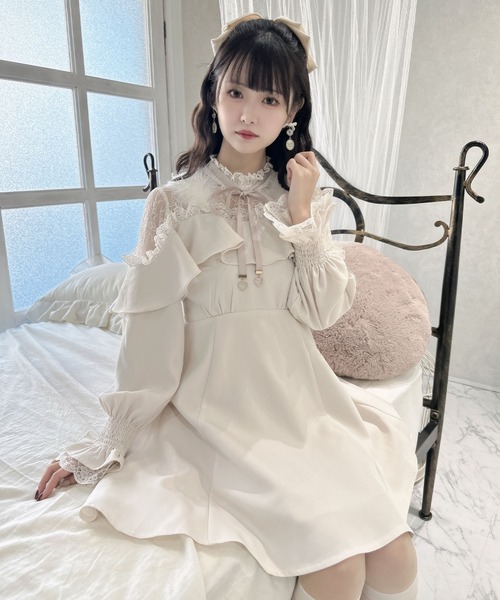 クチュールバイロジータ ワンピース ファーショルダーレース切替