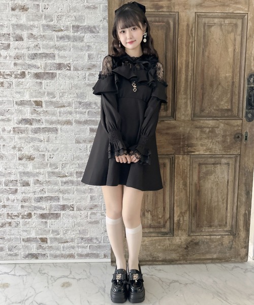 rojitaファーショルダーレース切替ワンピース セール】ファーショルダーレース切替ワンピース（ワンピース