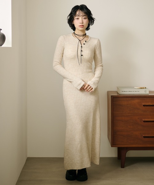 ワンピース henley neck long rib dress /ヘンリーネック ロング リブ