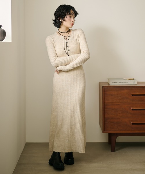 ワンピース henley neck long rib dress /ヘンリーネック ロング リブ