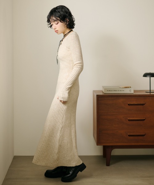 ワンピース henley neck long rib dress /ヘンリーネック ロング リブ 