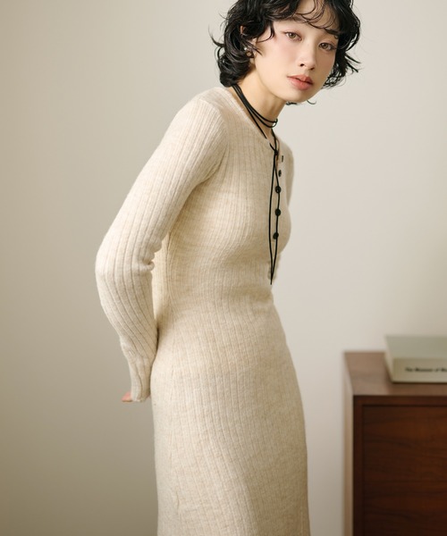 ワンピース henley neck long rib dress /ヘンリーネック ロング リブ
