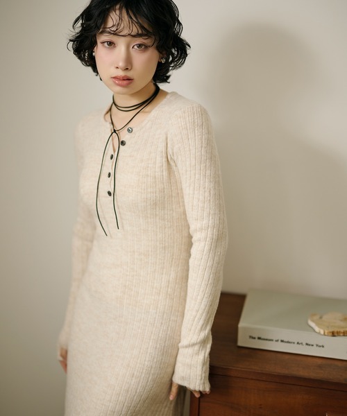 ワンピース henley neck long rib dress /ヘンリーネック ロング リブ