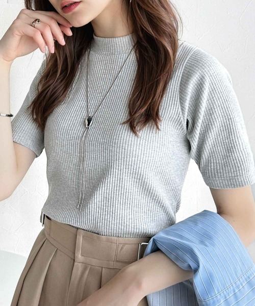 tシャツ シンプルで着回し力抜群！テレコモックネック半袖トップス レディース | classicalelf | 04