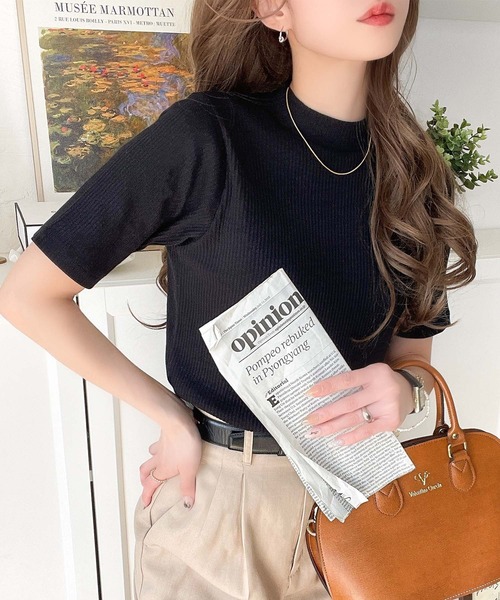tシャツ シンプルで着回し力抜群！テレコモックネック半袖トップス レディース | classicalelf