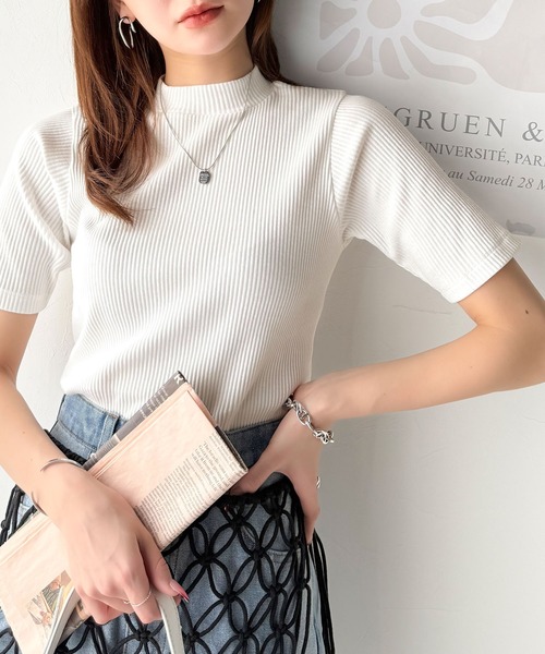 tシャツ シンプルで着回し力抜群！テレコモックネック半袖トップス レディース | classicalelf | 06