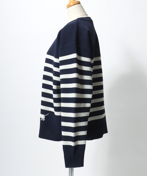 ニット セーター ダックスフンドのパネルボーダー柄スウェットライク