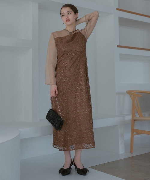 Callarus ドレス スパンコールレース使いデザインワンピースドレス