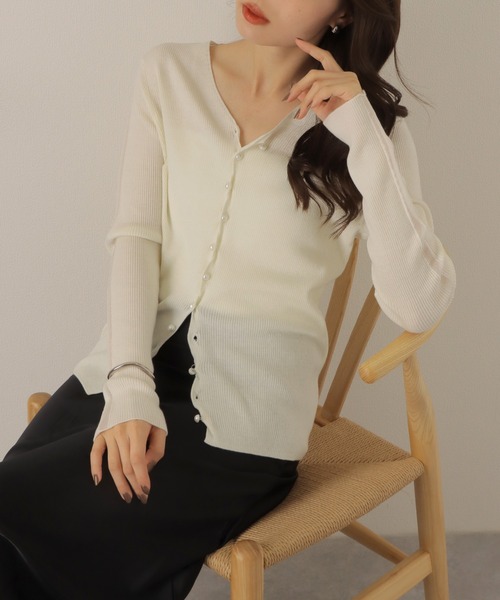 カーディガン v neck lib knit cardigan /メタルボタン シアーライン Vネック リブニット カーディガン レディース