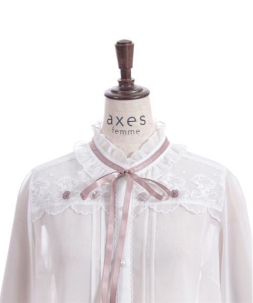 axes femme ブラウス シャツ プチローズ×リボンレースブラウス