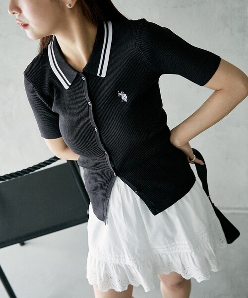 韓国 お洒落 サマーニット ポロ襟 カーディガン 透け感セクシー U.S. POLO ASSN. ニット セーター × PUBLUX/ユーエスポロアッ