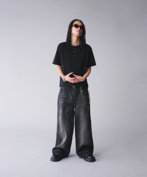 Asapmode ブラック ワイドパンツ ➕ANDER HUNKヘンリーネックM ANDER HUNK ヘンリーネック tシャツ Metal Henry neck T-shirt /メタル