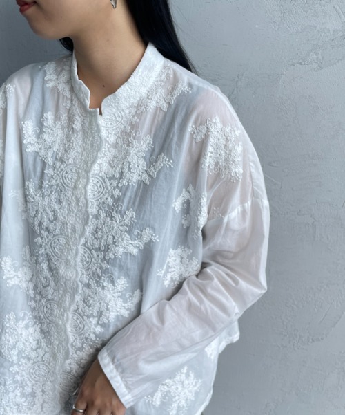 ミズイロインド レース ワイドシャツ 刺繍 花 ワイドブラウス mizuiroind ブラウス シャツ 「mizuiro ind/ミズイロインド
