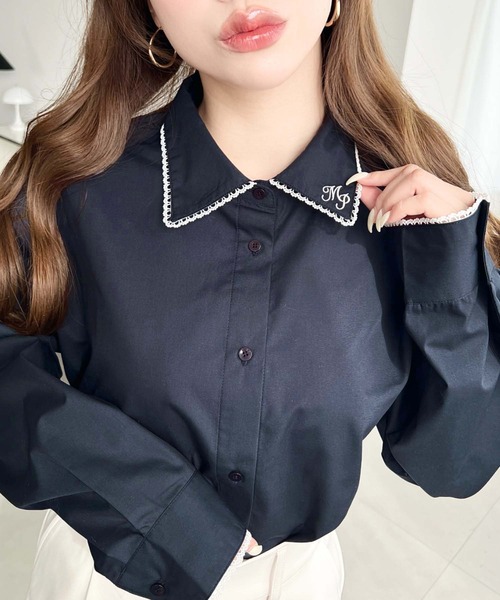 moment+ ブラウス シャツ 衿ワンポイント刺繍ピコレース長袖ブラウス