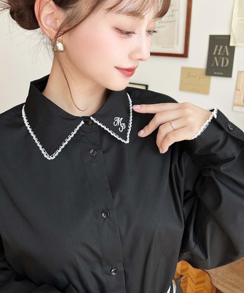 moment+ ブラウス シャツ 衿ワンポイント刺繍ピコレース長袖ブラウス