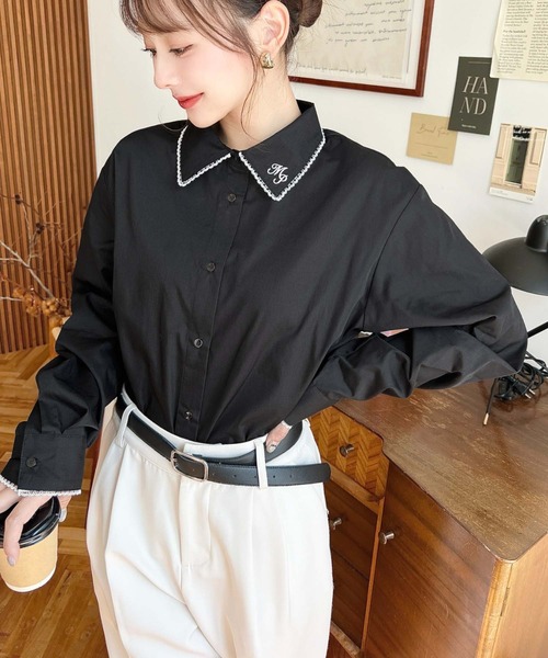 moment+ ブラウス シャツ 衿ワンポイント刺繍ピコレース長袖ブラウス