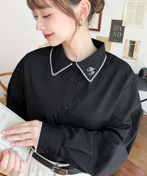 moment+ ブラウス シャツ 衿ワンポイント刺繍ピコレース長袖ブラウス