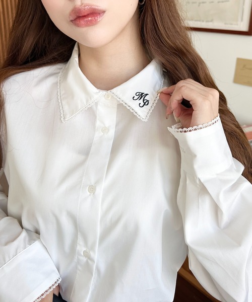 moment+ ブラウス シャツ 衿ワンポイント刺繍ピコレース長袖ブラウス