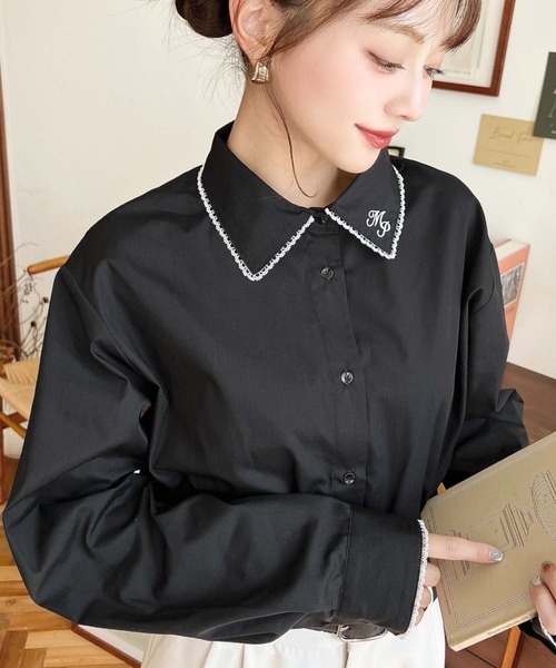 moment+ ブラウス シャツ 衿ワンポイント刺繍ピコレース長袖ブラウス