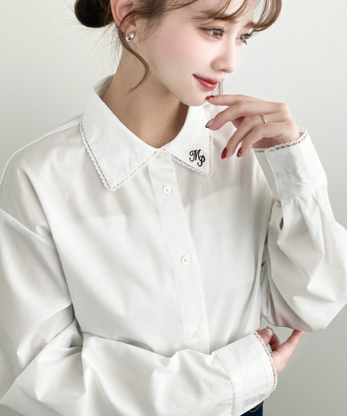moment+ ブラウス シャツ 衿ワンポイント刺繍ピコレース長袖ブラウス