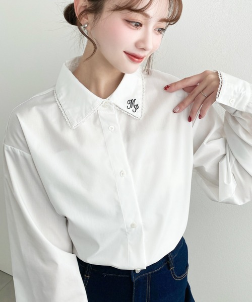 moment+ ブラウス シャツ 衿ワンポイント刺繍ピコレース長袖ブラウス