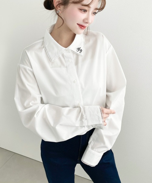 moment+ ブラウス シャツ 衿ワンポイント刺繍ピコレース長袖ブラウス